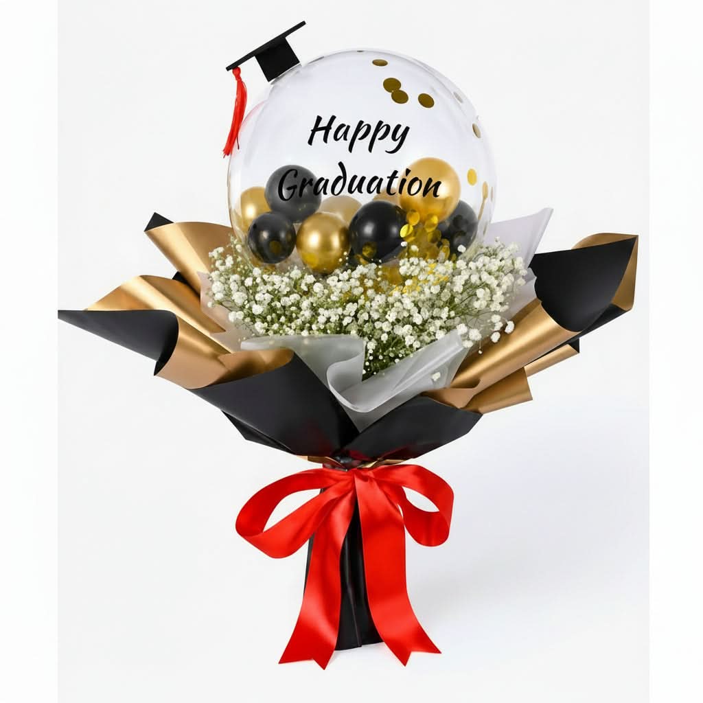 Happy Graduation Bobo Balloon with black and gold balloons and white flowers.