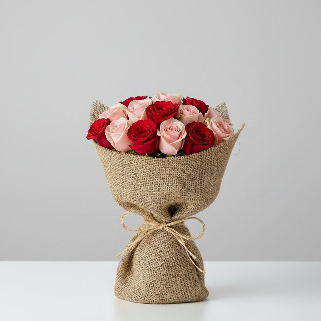 Red & Pink Roses Rustic Bouquet-italianflowerkwValentine's Flower Bouquet