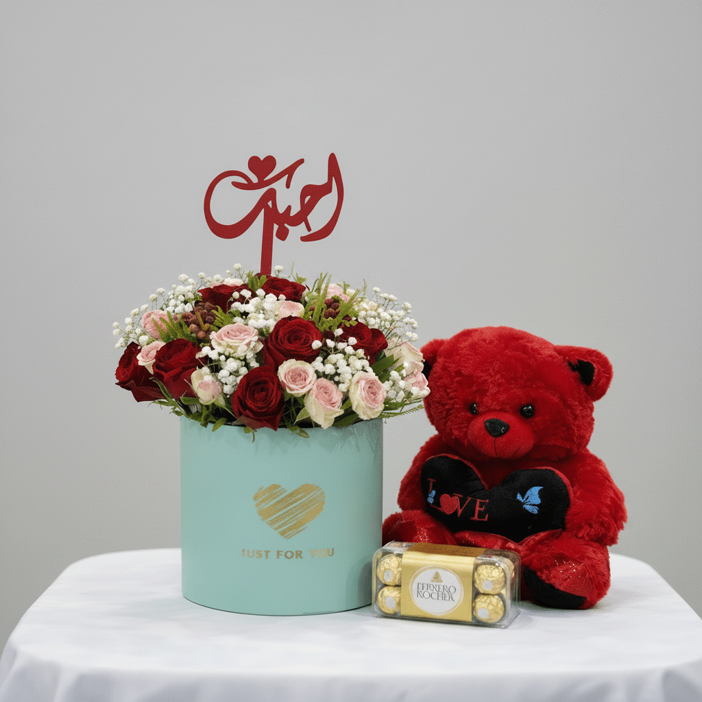 Romantic Roses, Teddy & Ferrero Gift Set-italianflowerkwRomantic Gift Flower