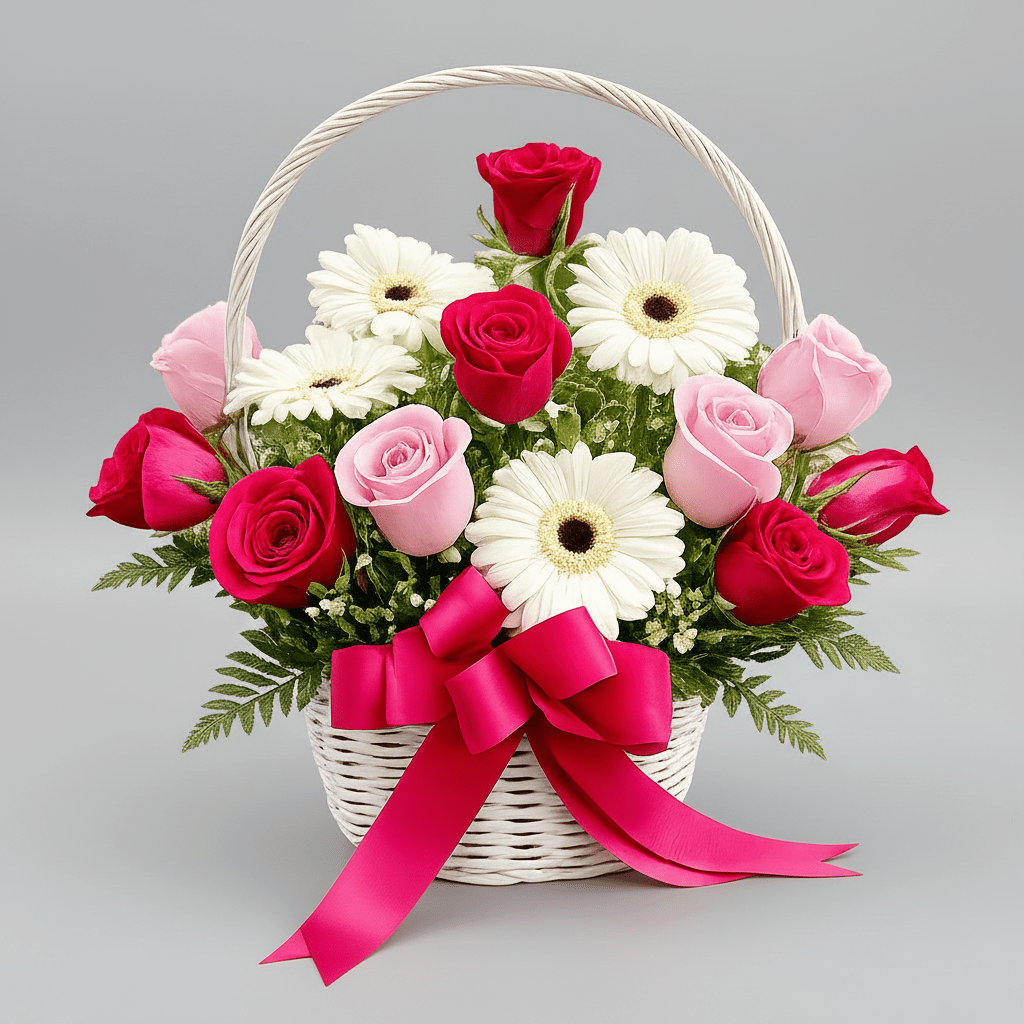 Pink & Red Roses Basket Arrangement-italianflowerkw