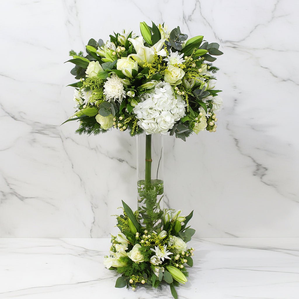 Casablanca and hydrengea flowers with glass vase cylinder. - italianflowerkw