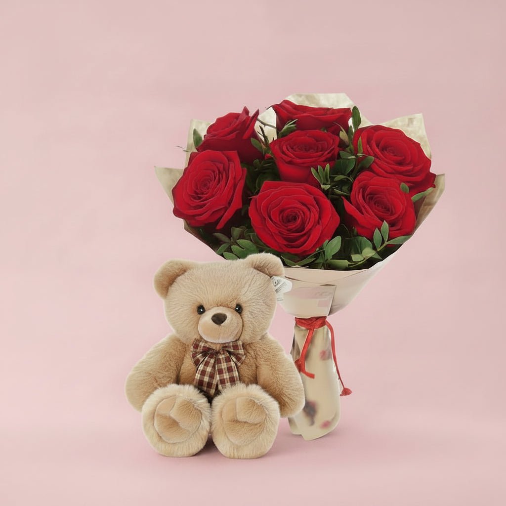 GiftoFlora Red Roses Bouquet with Teddy Bear Gift Combo-italianflowerkw