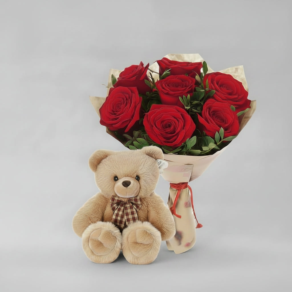 GiftoFlora Red Roses Bouquet with Teddy Bear Gift Combo-italianflowerkw