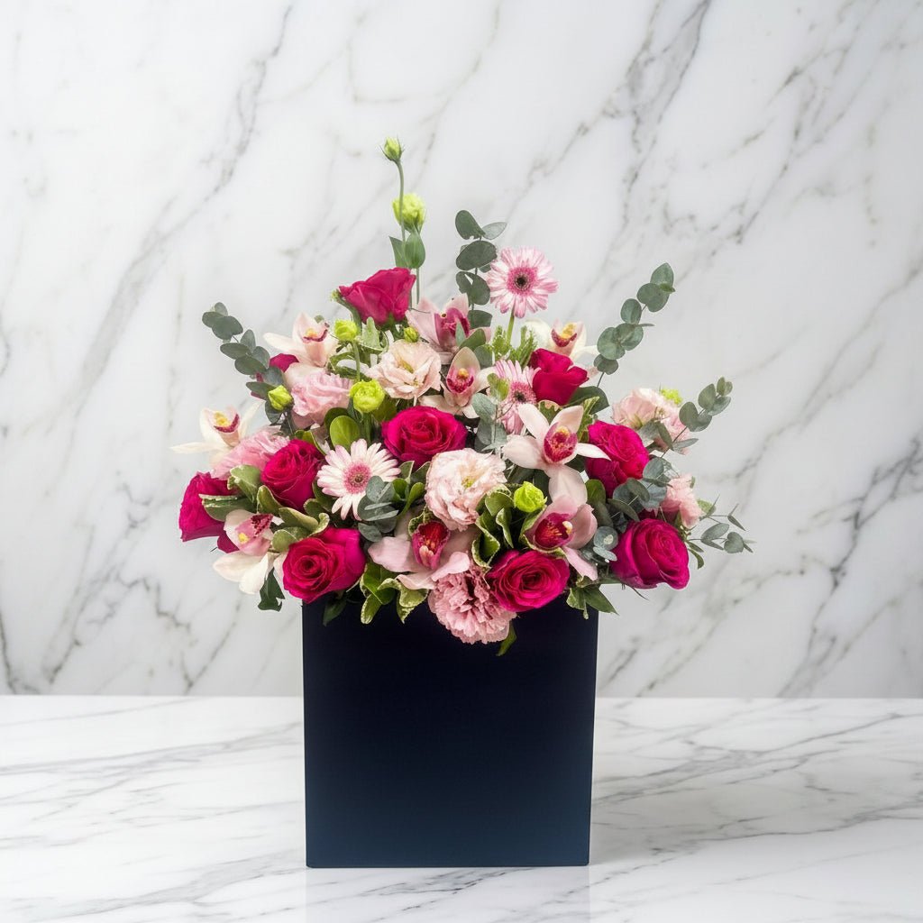 Luxury Pink Roses & Orchid Black Box Arrangement-italianflowerkw