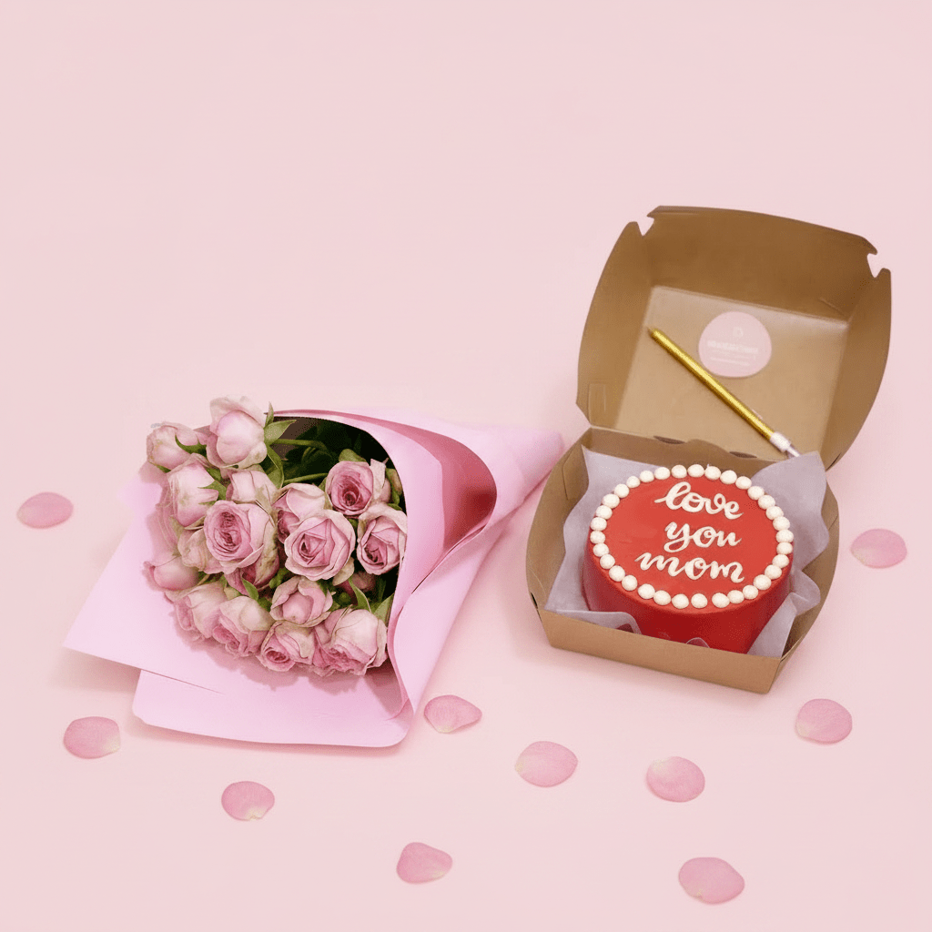 Mom Cake with 5 Pink Mini Roses – Serves 2 - italianflowerkw