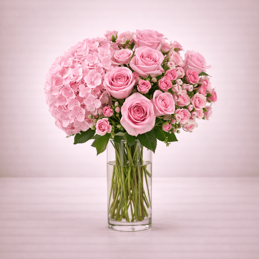 Pink Roses & Hydrangea Vase Arrangement-italianflowerkw