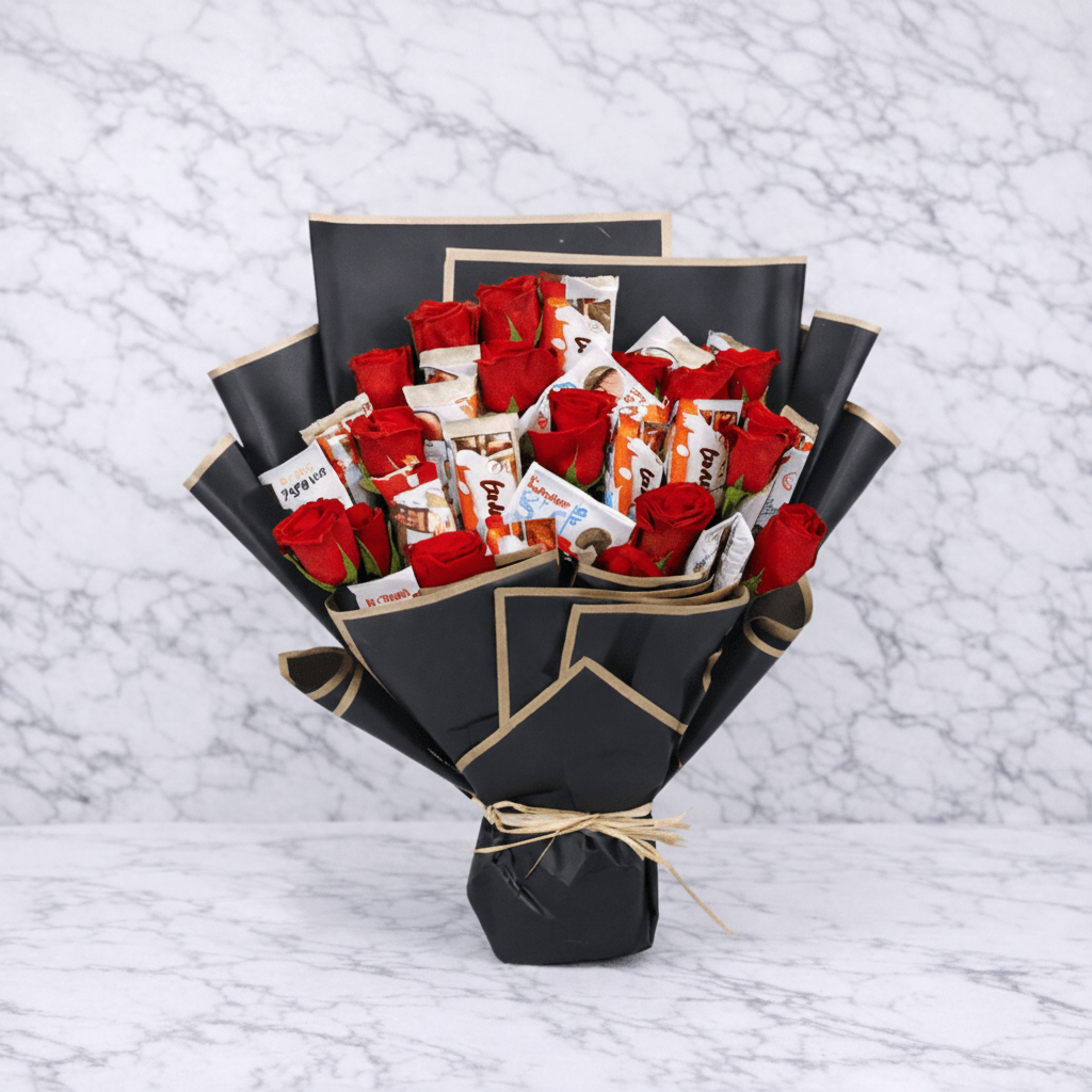 15 Red Roses & Kinder Chocolate Bouquet -italianflowerkw