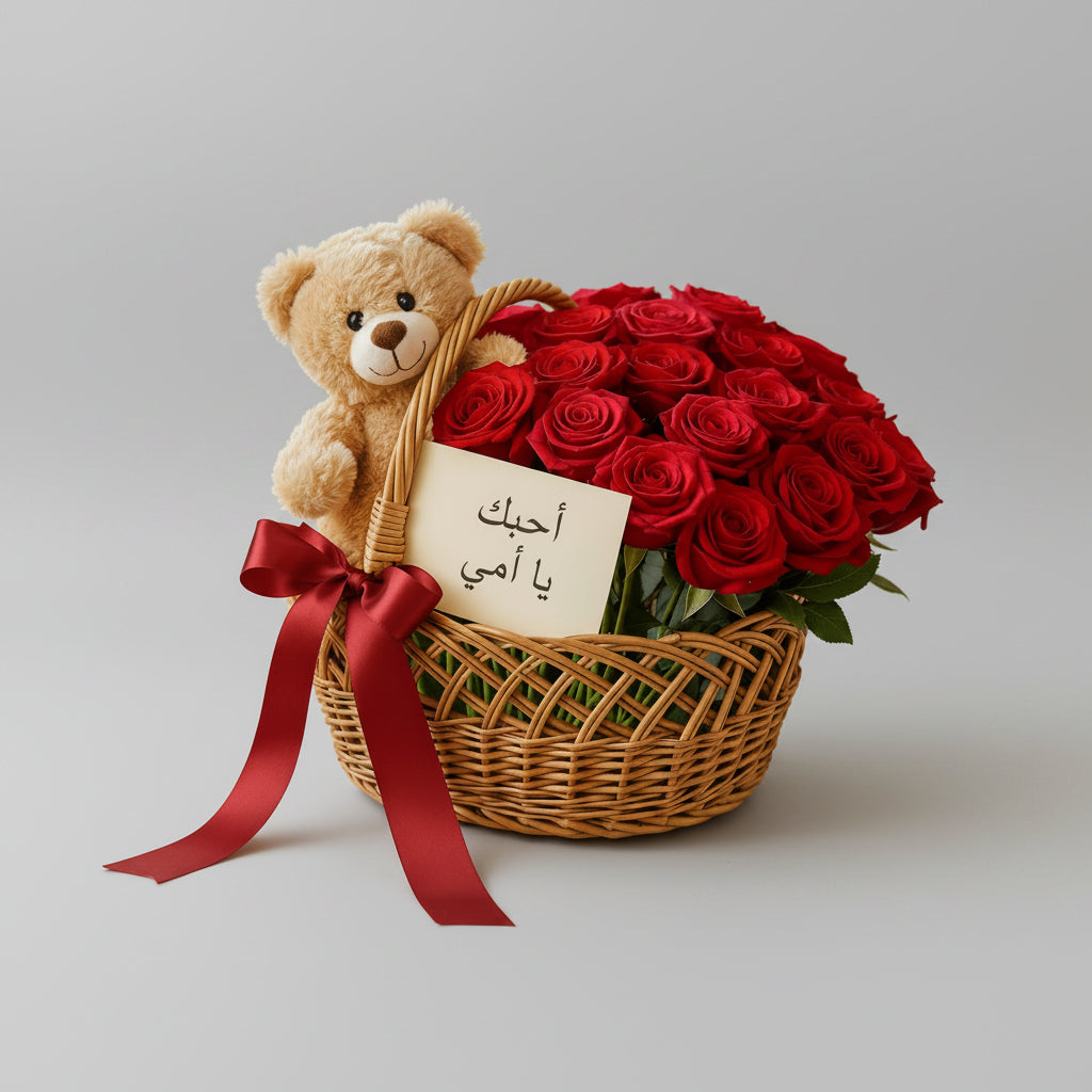 Red Roses Basket with Teddy Bear & Love Card - italianflowerkw