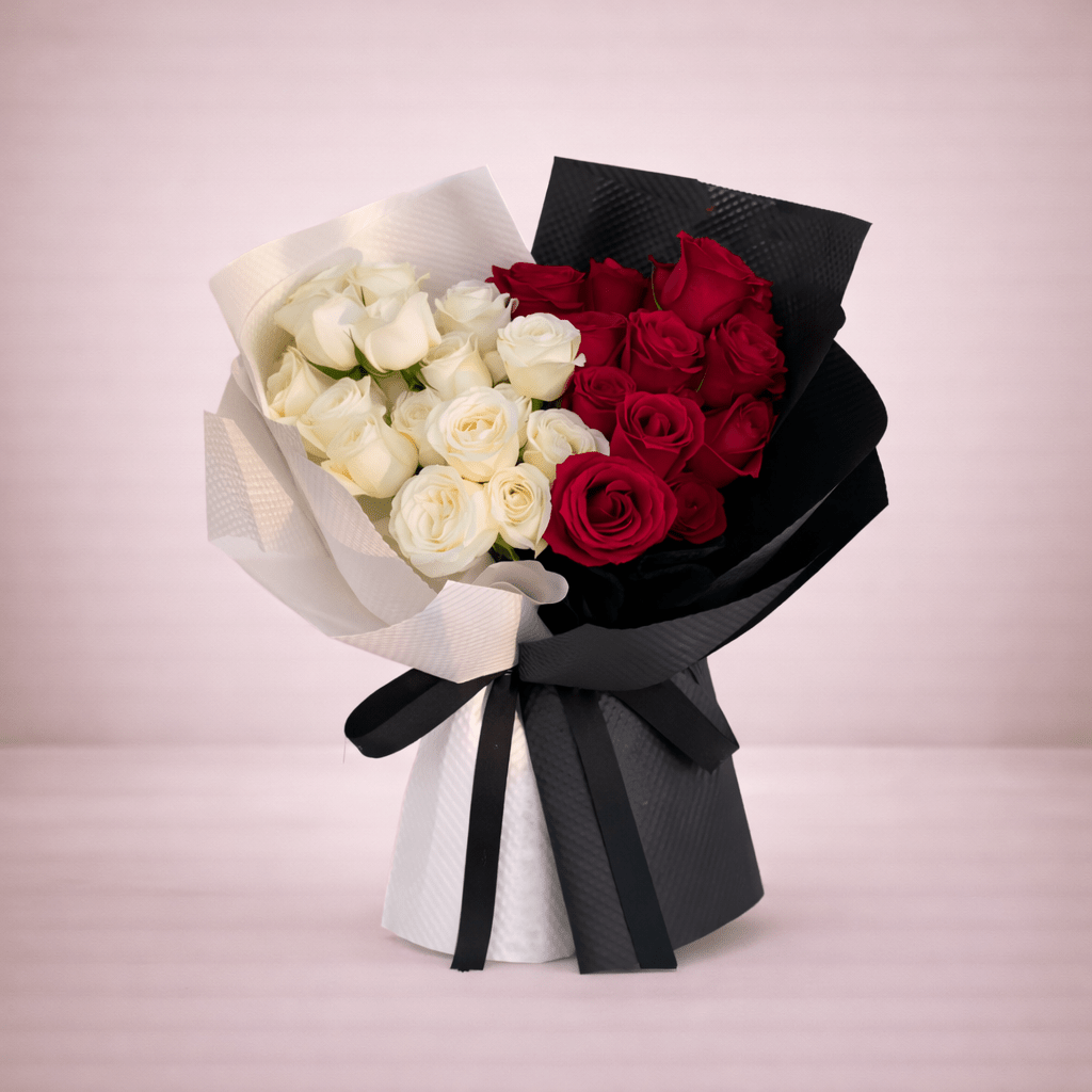 Radiant Blossoms & Chocolates Box Set - Fast Delivery!-italianflowerkwRed and White Rose Bouquet