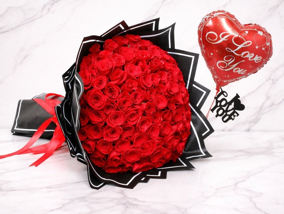 75 Red Roses Bouquet with Love Balloon & Acrylic-italianflowerkw