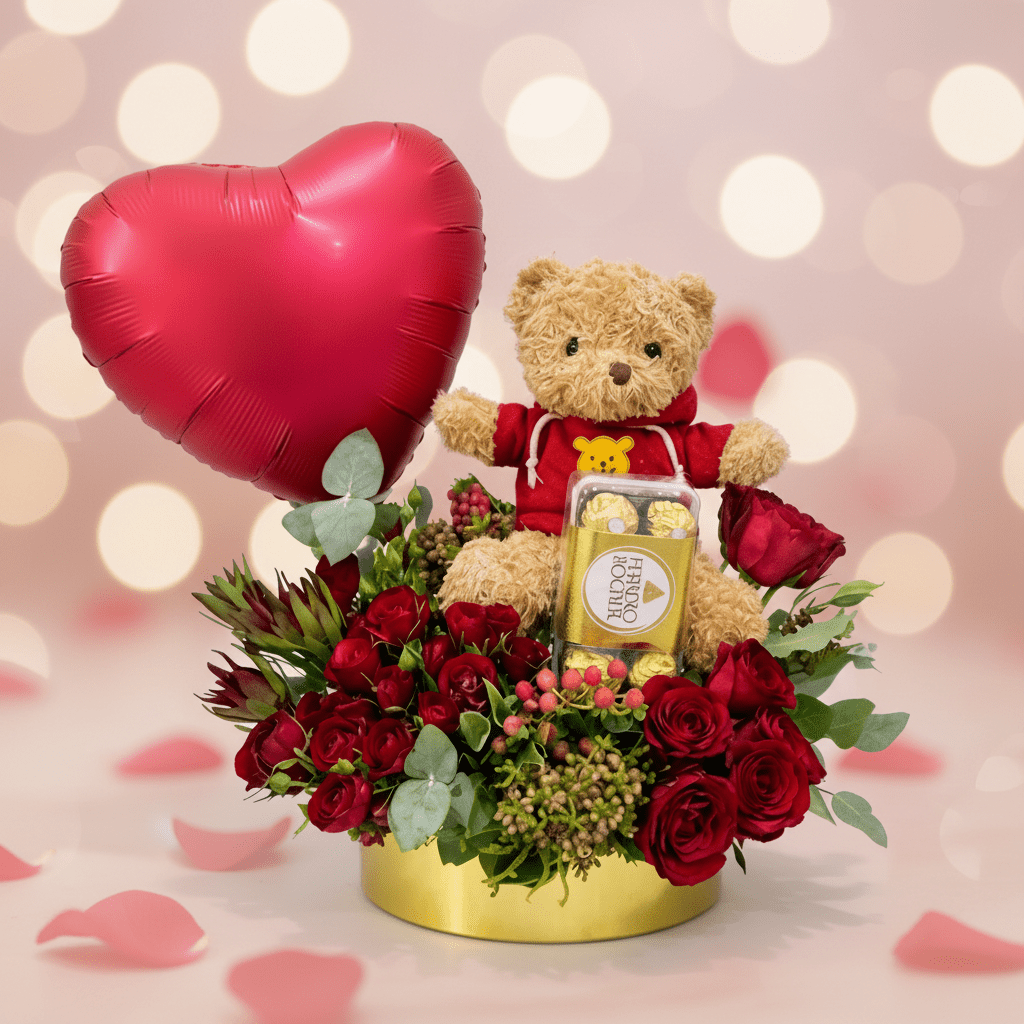 Luxury Red Roses Gift Box with Teddy & Ferrero-italianflowerkw