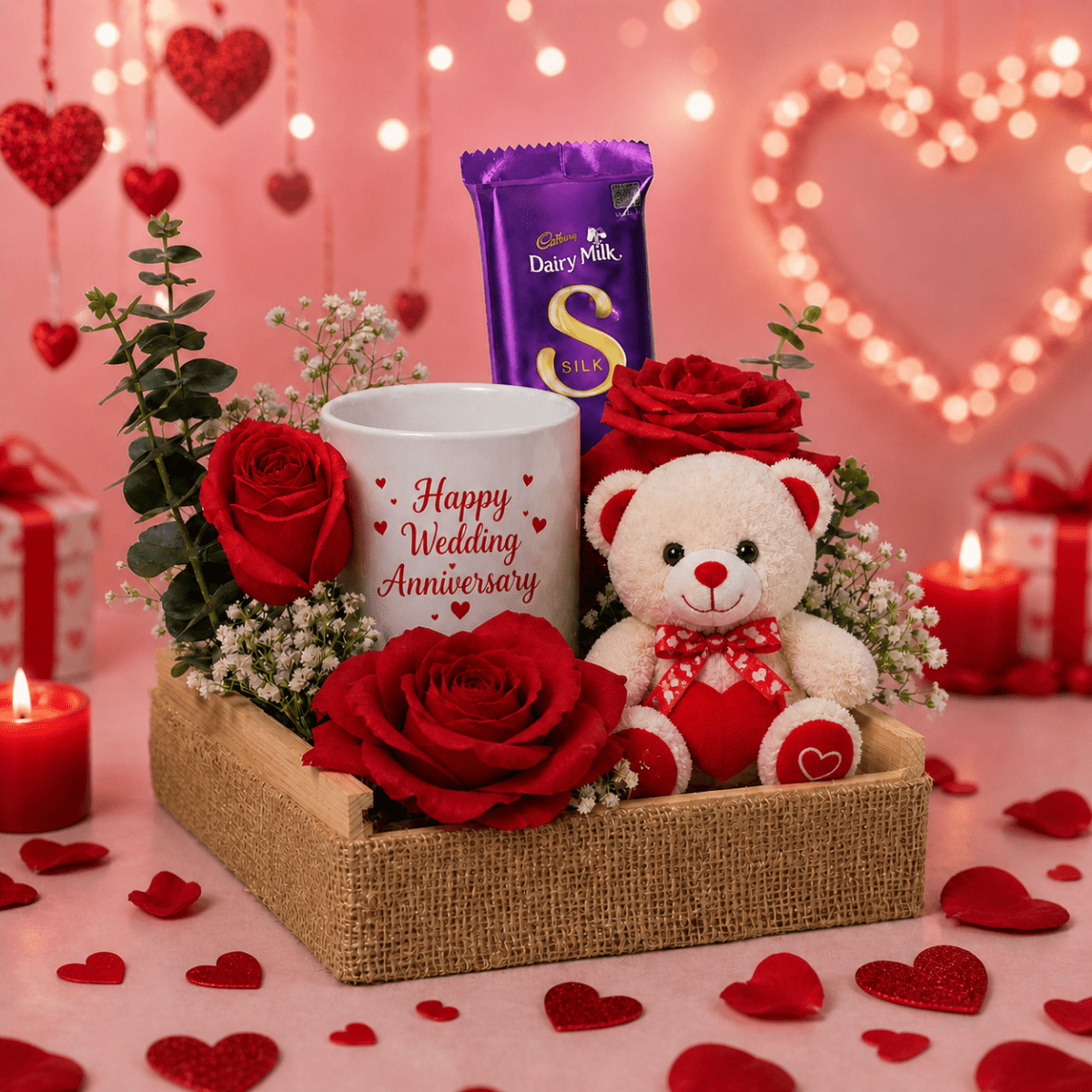 Wedding Anniversary Gift Basket with Roses & Teddy-italianflowerkw