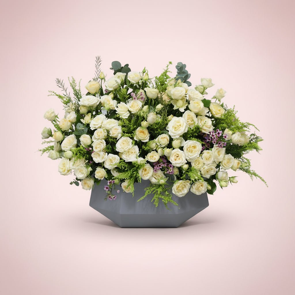 Eucalyptus Wooden Box: White Baby Roses Bouquet-italianflowerkwWhite Flower Arrangement