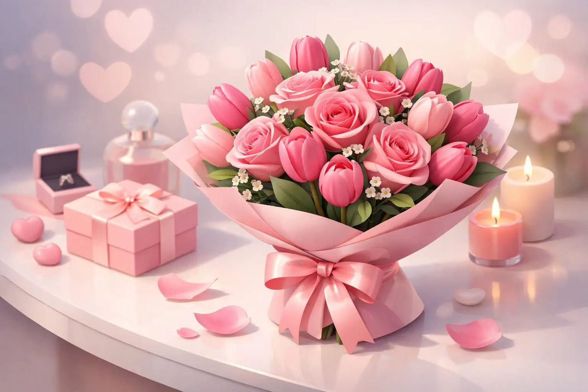 باقة pink roses and tulips bouquet لكل فرحة - italianflowerkw