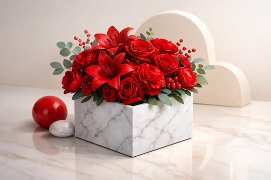 flowers elegant-red-blooms-in-marble-box بتنسيق أنيق - italianflowerkw