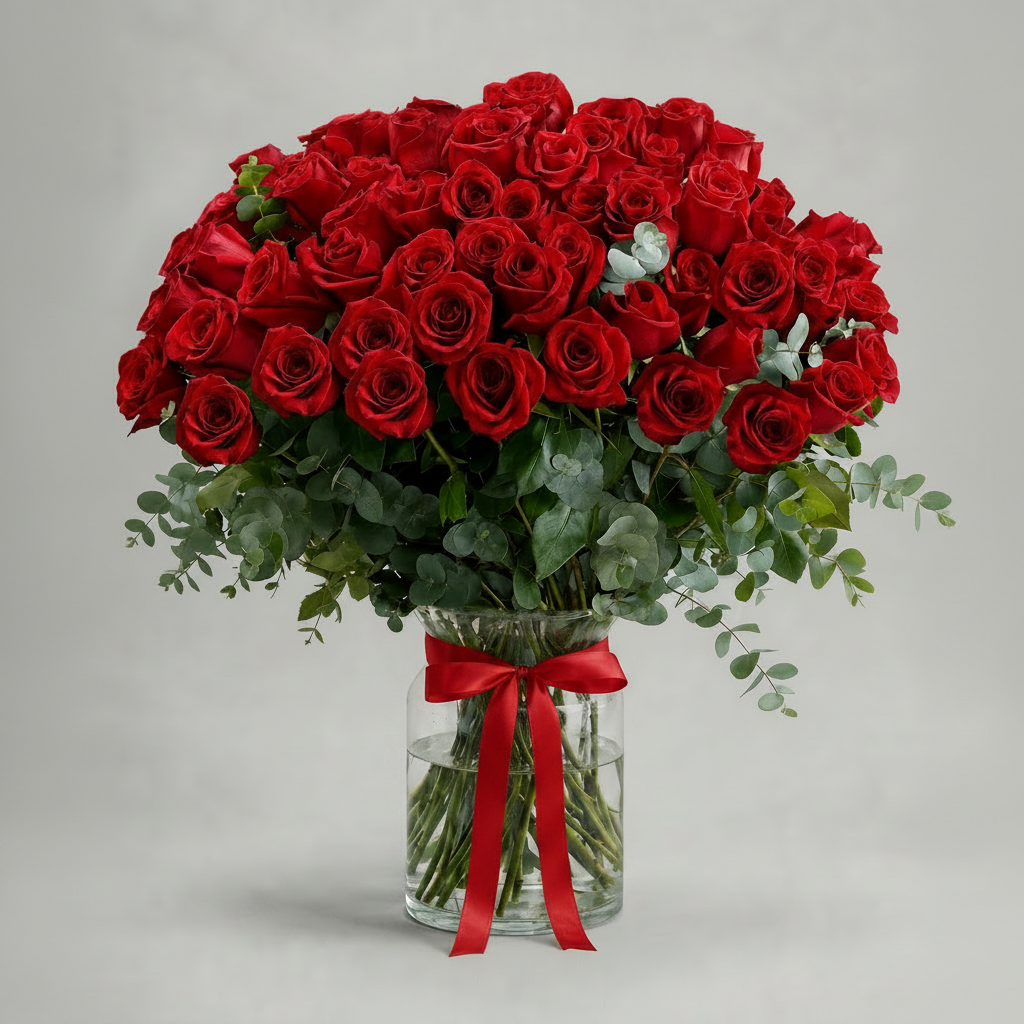 A large bouquet of red roses with green foliage and a red ribbon tied around a clear glass vase, photographed against a light gray studio background.