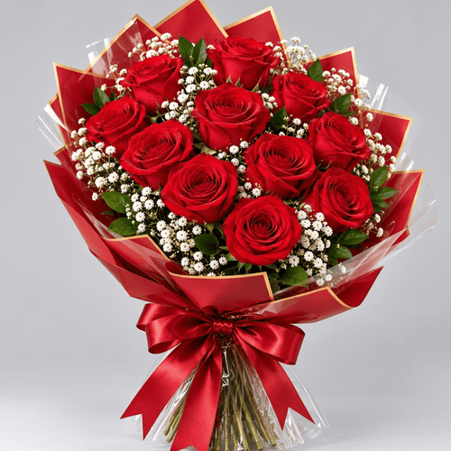 12 Red Roses Bouquet Kuwait in Red & Gold Wrapping-italianflowerkw.