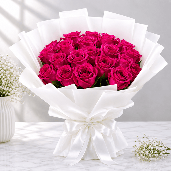 25 Pink Roses Bouquet in White Wrapping – italianflowerkw-italianflowerkw