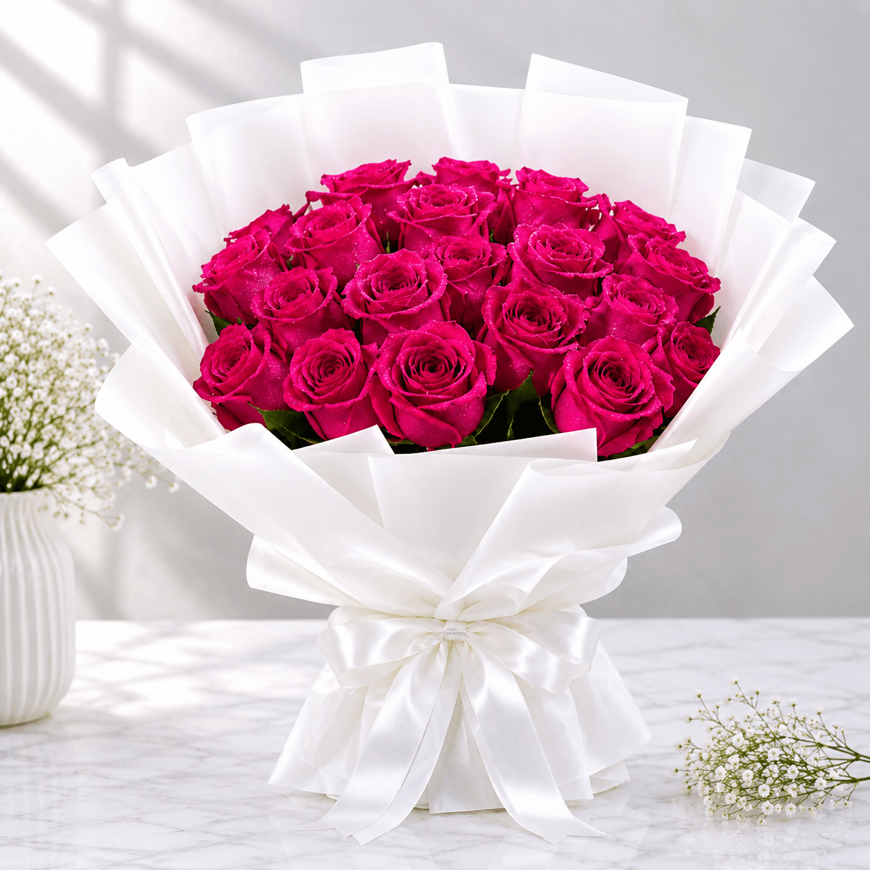 25 Pink Roses Bouquet in White Wrapping – italianflowerkw-italianflowerkw