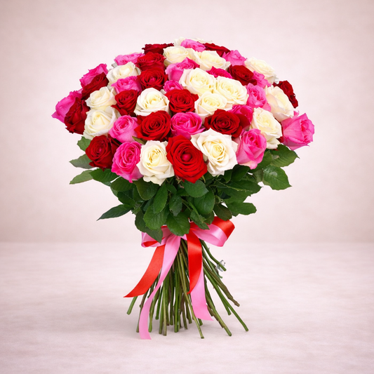 Bouquet of red, pink, and white roses with a pink ribbon on a light background.
