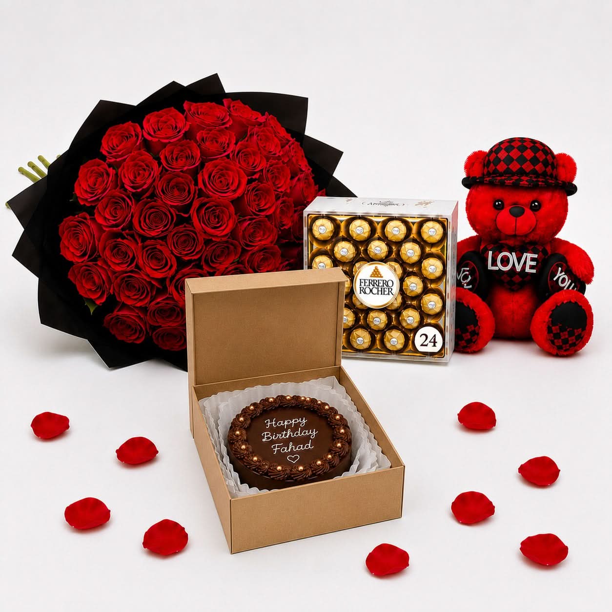 50 Red Roses Bouquet with Bento Cake, Ferrero Rocher & Teddy Bear - italianflowerkw