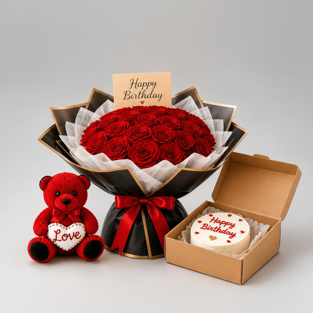 50 Red Roses with Cake & Teddy Bear Gift Set - italianflowerkw