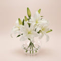 5 fresh white lilium stems arranged in a glass fish bowl vase, same-day flower delivery Kuwait – Italian Flower KW
