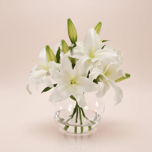 5 fresh white lilium stems arranged in a glass fish bowl vase, same-day flower delivery Kuwait – Italian Flower KW