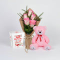 5 Pink Roses with Teddy & Raffaello Chocolate-italianflowerkw#Pink Teddy Bear Gift Set