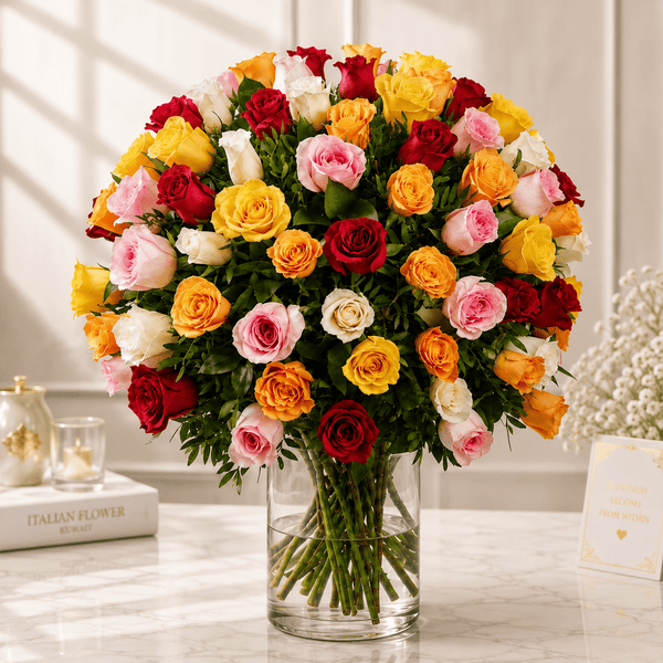 75 Mixed Roses Vase Arrangement – Vibrant Luxury Bouquet Kuwait-italianflowerkw