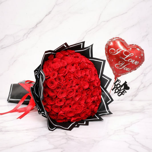 75 Red Roses Bouquet with Love Balloon & Acrylic Gift – italianflowerkw