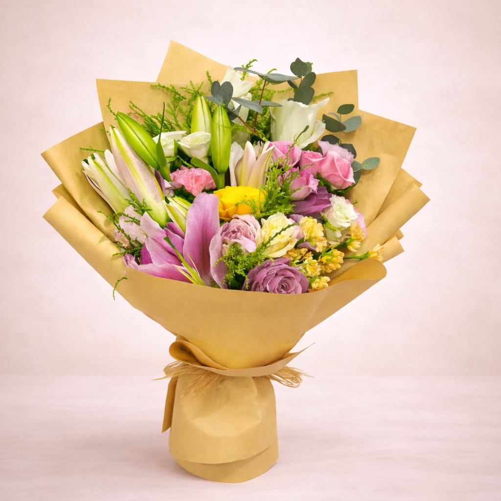 roses with casablanca mix flowers hand bouquet