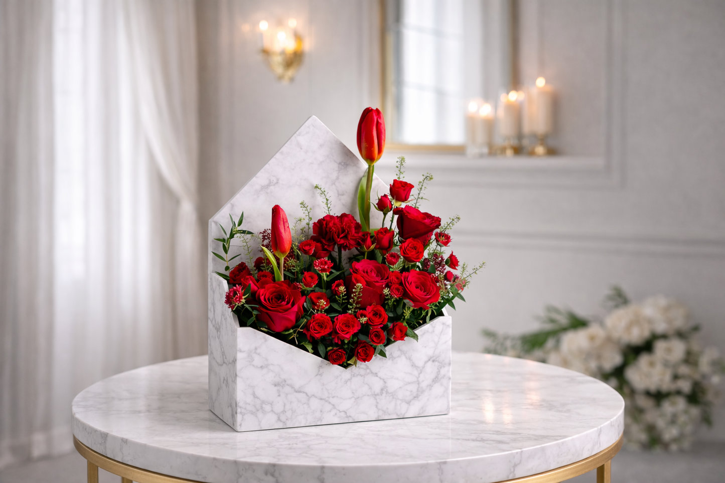 Elegant red blooms in marble box