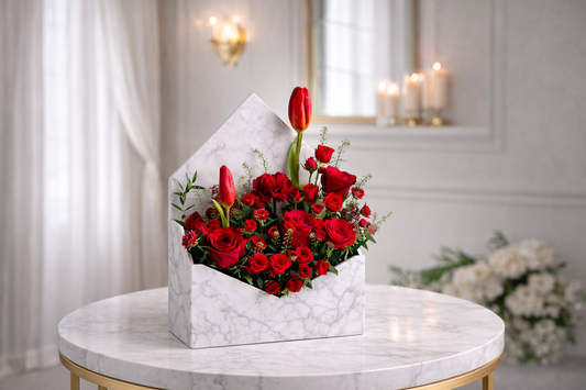 Elegant red blooms in marble box