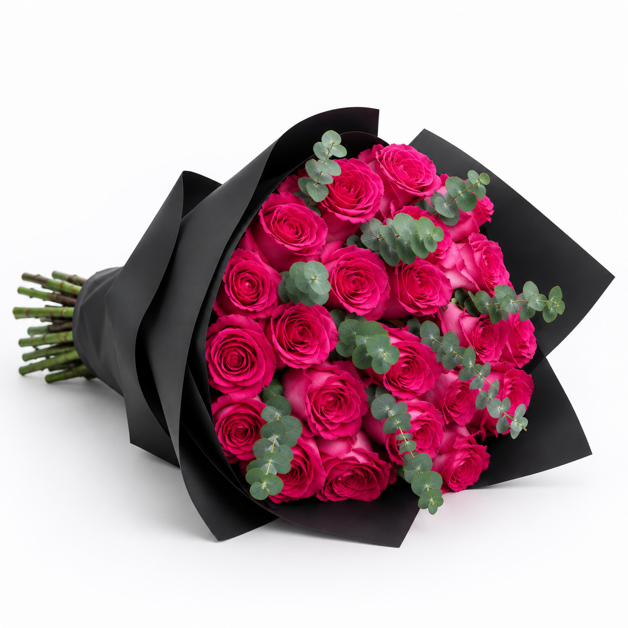 Fuchsia Rose Bouquet – 15 Stems | Black Wrapping