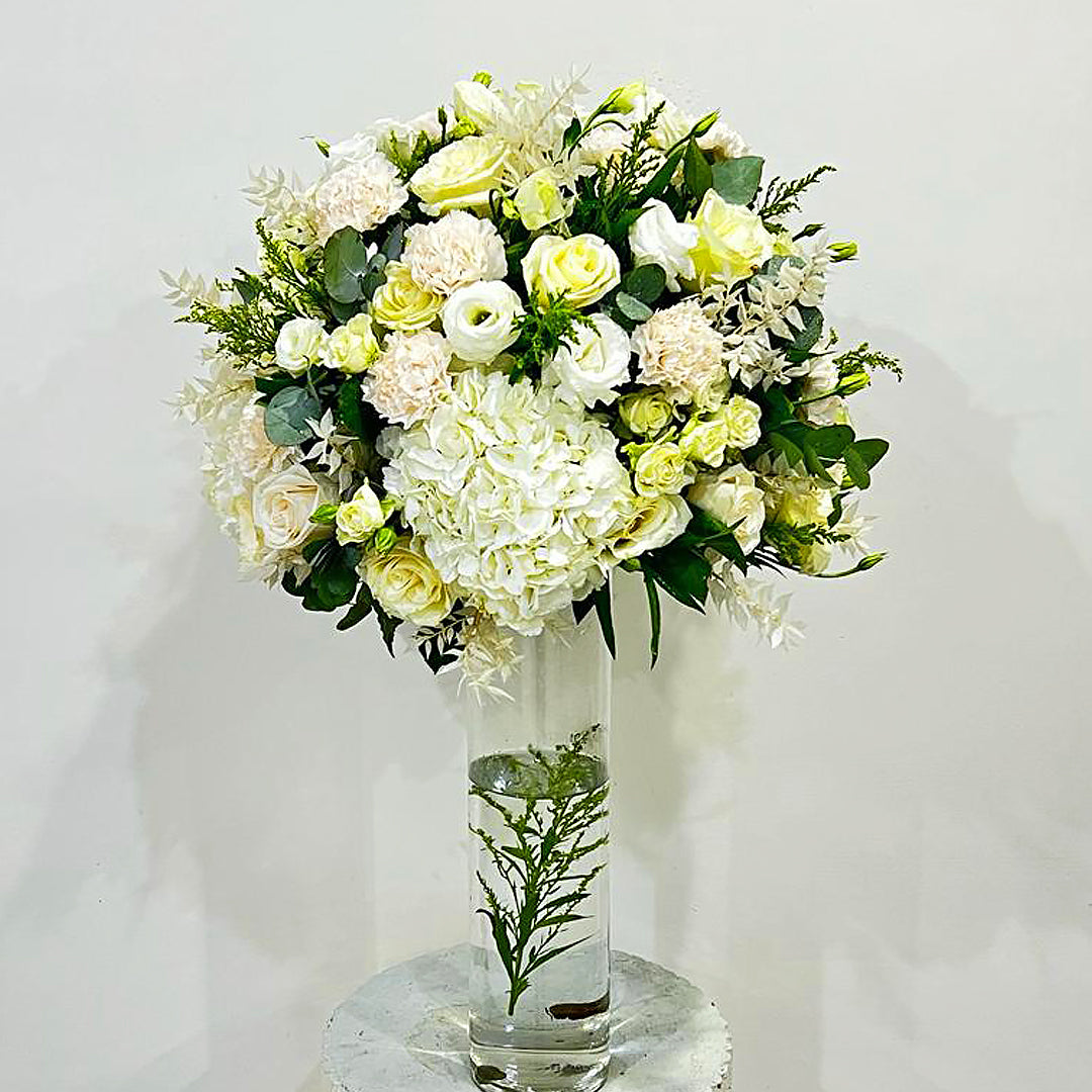 White rose with hydrengea flower arrangement
