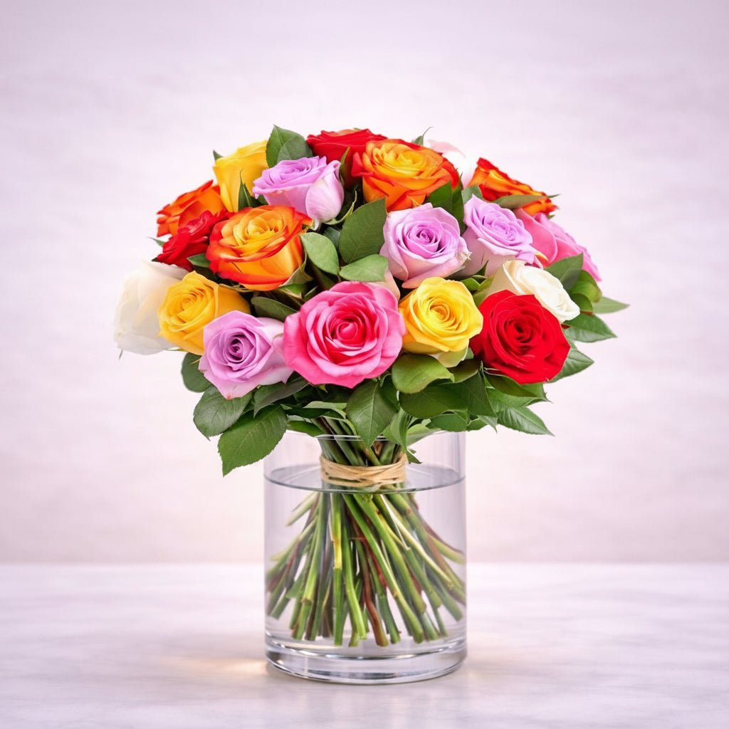 Italian Flowerkw: Mixed roses flower bouquet in a glass vase