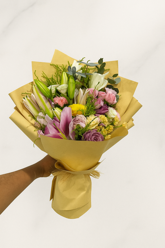 roses with casablanca mix flowers hand bouquet
