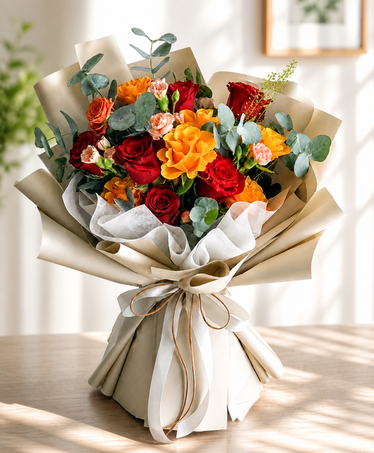 "Autumn Bliss Mixed Bouquet with red roses, yellow blooms, and eucalyptus wrapped in kraft paper"