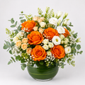 Orange rose and lisianthus glass vase arrangement with peach spray roses, white lisianthus, eucalyptus and baby's breath in a round glass vase — Kuwait flower delivery.