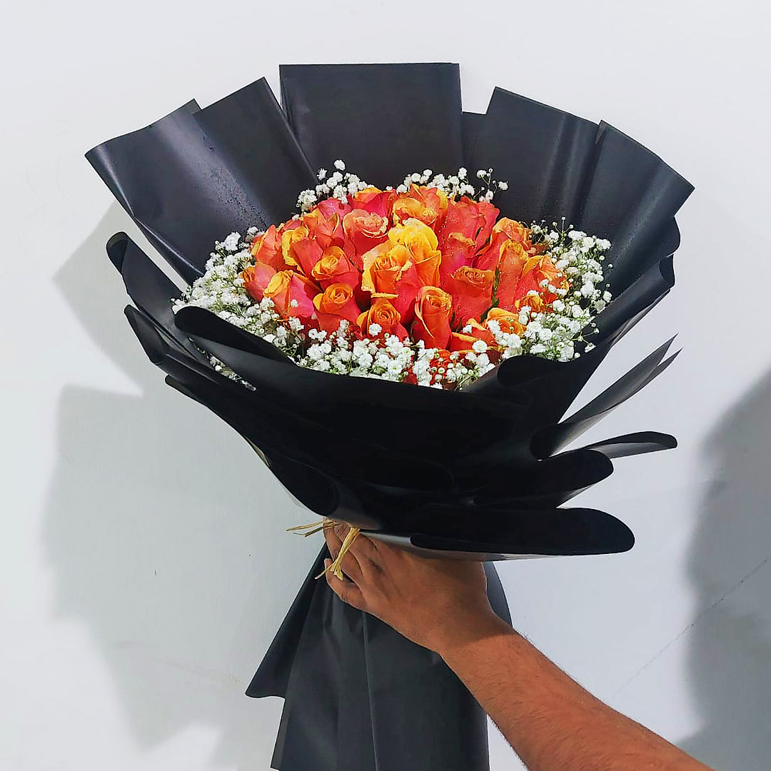 Orange Rose with gypsophilia hand flower bouquet