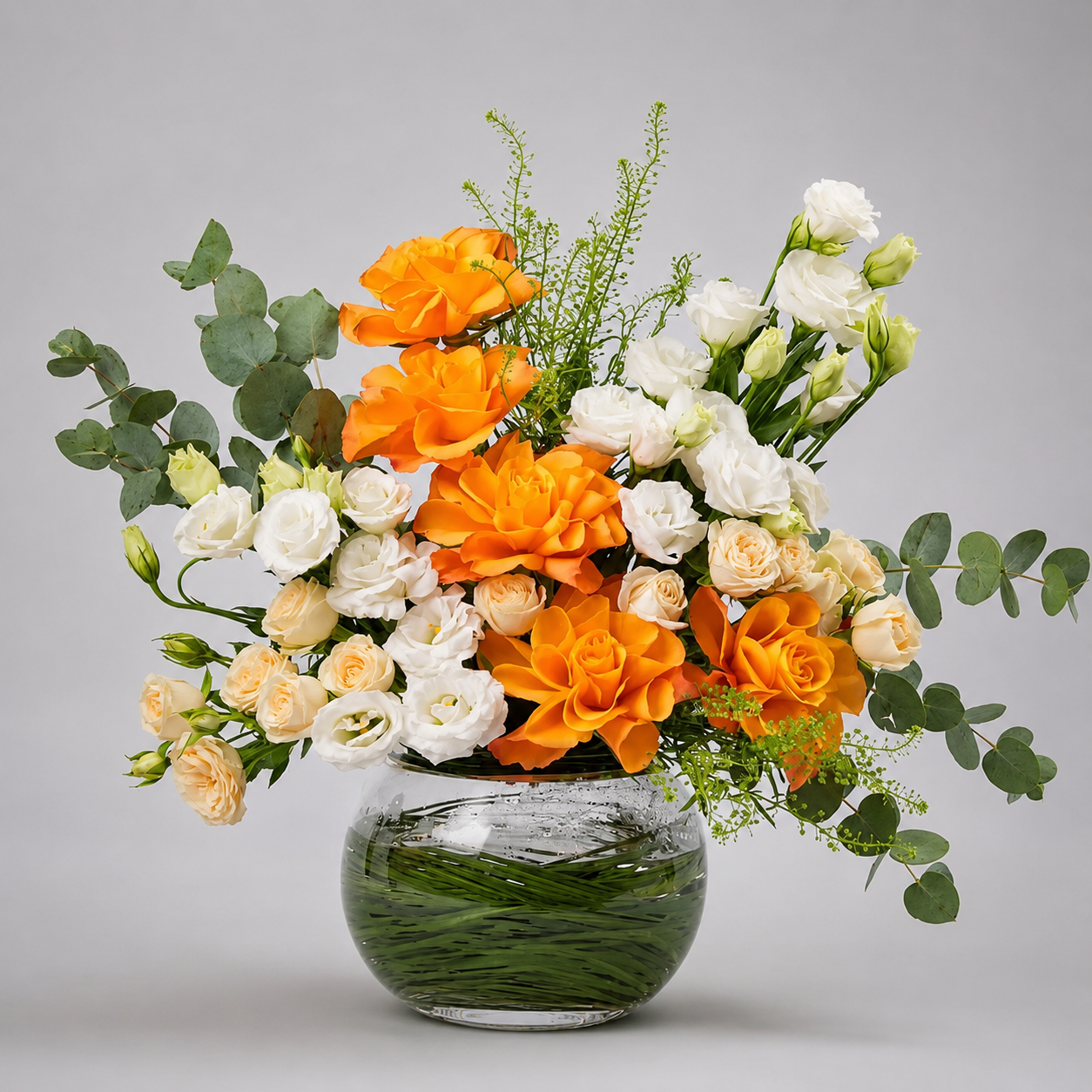 A vibrant floral arrangement featuring bright orange roses, white lisianthus, and green eucalyptus stems in a clear glass vase with water, set against a solid light gray background.