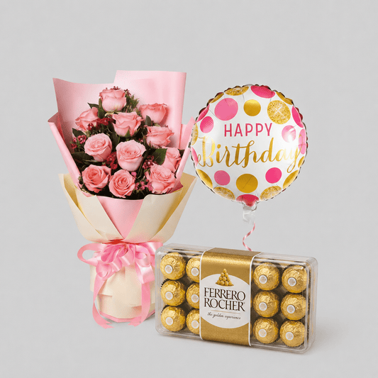 Pink-Flowers Bouquet & Chocolates Gift Set-italianflowerkw