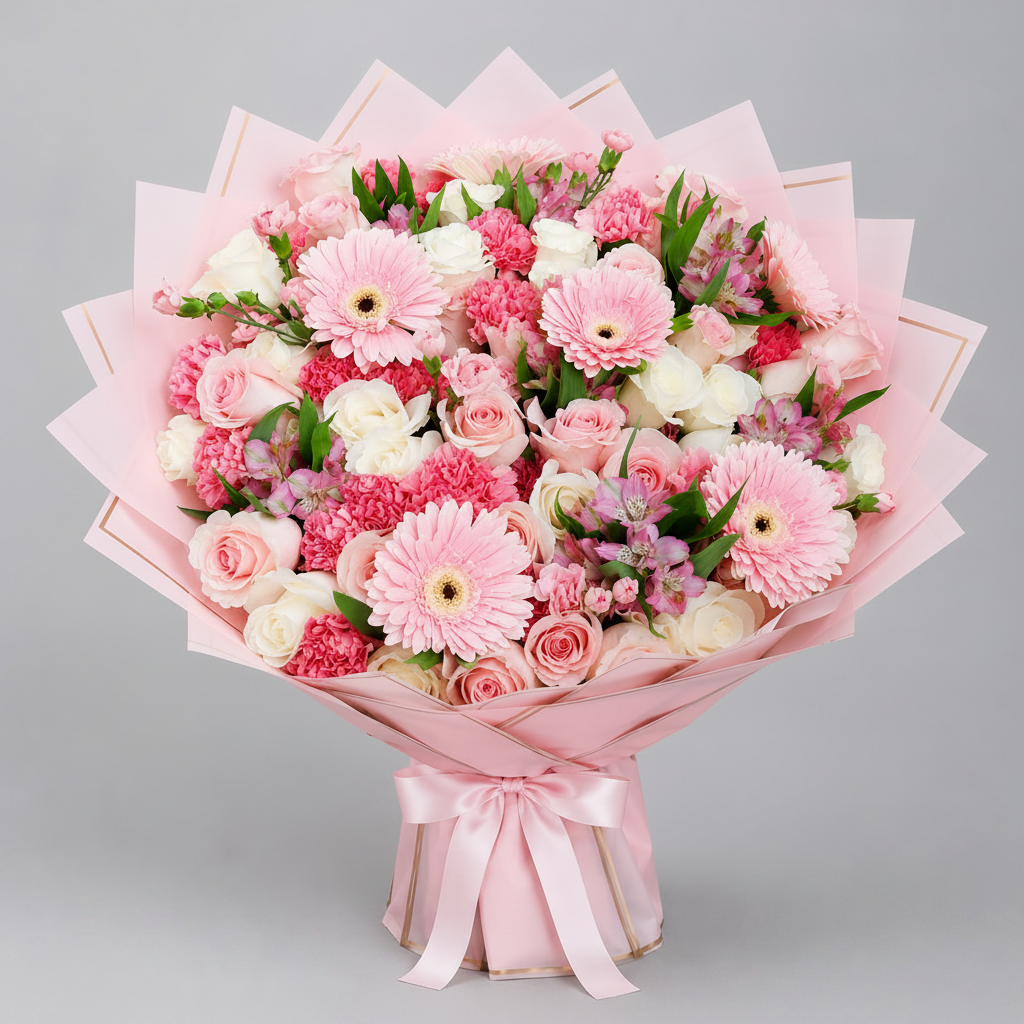 A large, vibrant flower bouquet wrapped in light pink tissue paper and tied with a matching pink satin ribbon, set against a solid gray studio background. The bouquet is a beautiful mix of pink, white, and red flowers, including pink gerbera daisies, pink roses, white roses, and pink carnations, accented with green leaves.