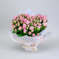 Bouquet of pink flowers wrapped in white paper on a light gray background