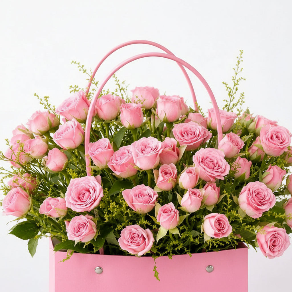 Pink flowers in a pink box on a light gray background