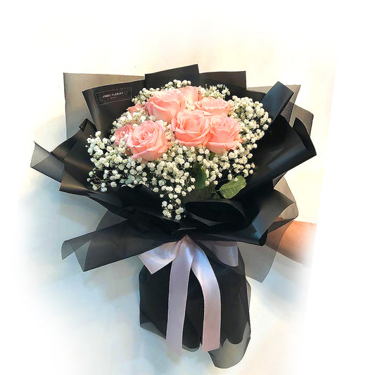 Pink Rose with Gypsophilia hand flower bouquet