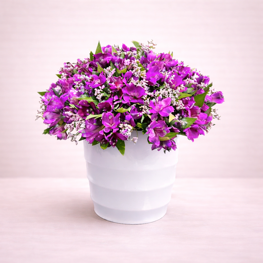 White pot with purple flowers on a light pink background