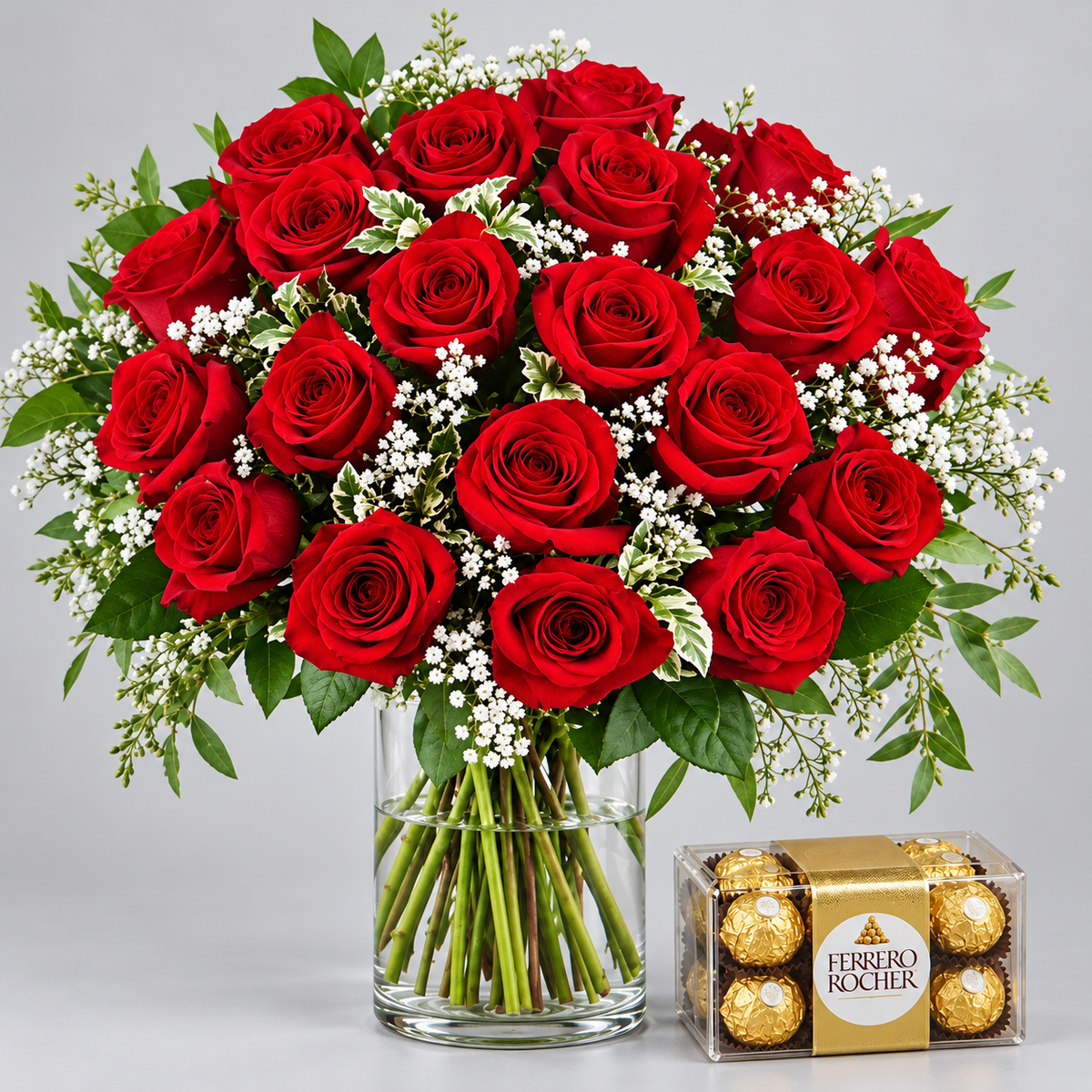 Romantic Red Rose Vase Arrangement Kuwait Delivery & Flower Chocolate Combo Gift-italianflowerkw