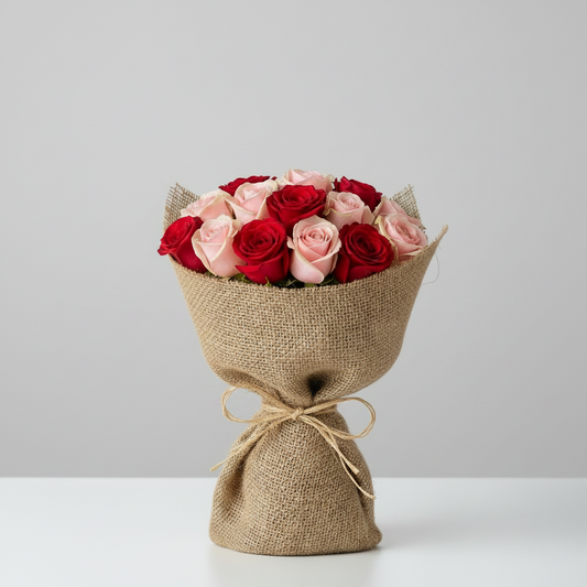 Red & Pink Roses Rustic Bouquet-italianflowerkwValentine's Flower Bouquet